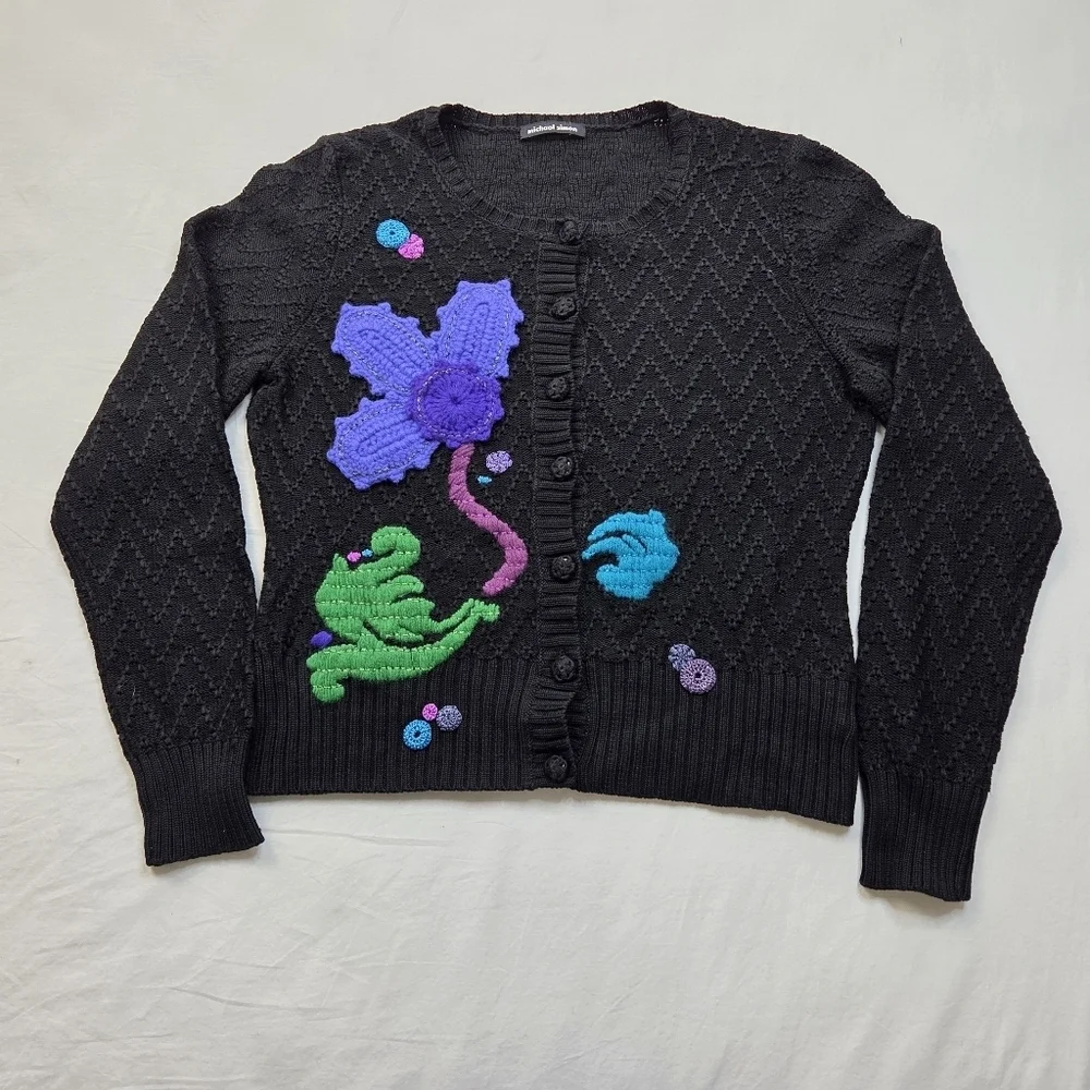 Vintage Michael Simon Embellished Knit‎ Cardigan Black Floral Applique Sweater L